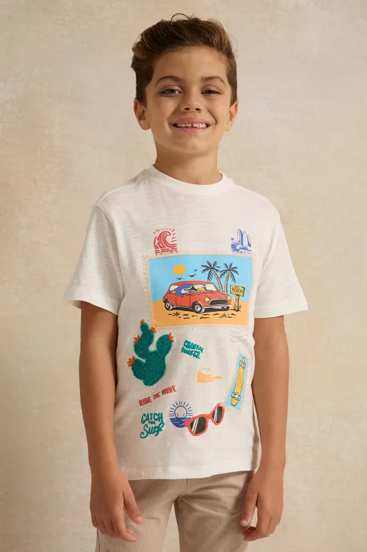 Boys Cream Summer Trip Embroidered T-Shirt sold by Redtag