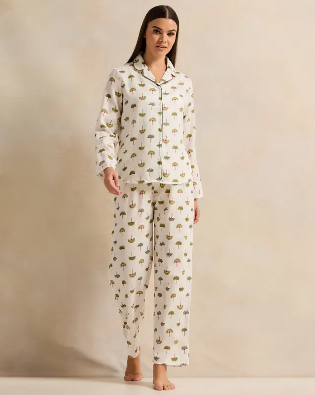 Women Cream Cotton Satin Pyjama Set (2 Piece) sold by Redtag