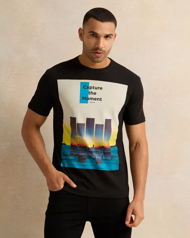 Men Black Placement Print T-Shirt sold by Redtag