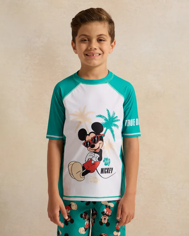 Boys Green Mickey Rash Guard Swimwear T-Shirt sold by Redtag