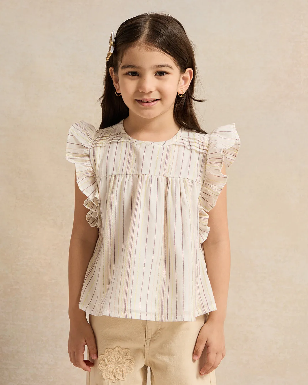 Girls Ivory Stripes Frill Sleeve Blouse sold by Redtag
