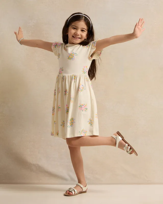 Girls Cream Printed Dress sold by Redtag