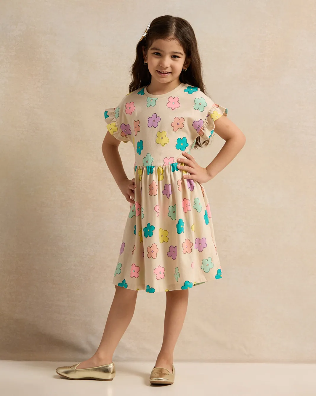 Girls Beige Printed Dress sold by Redtag