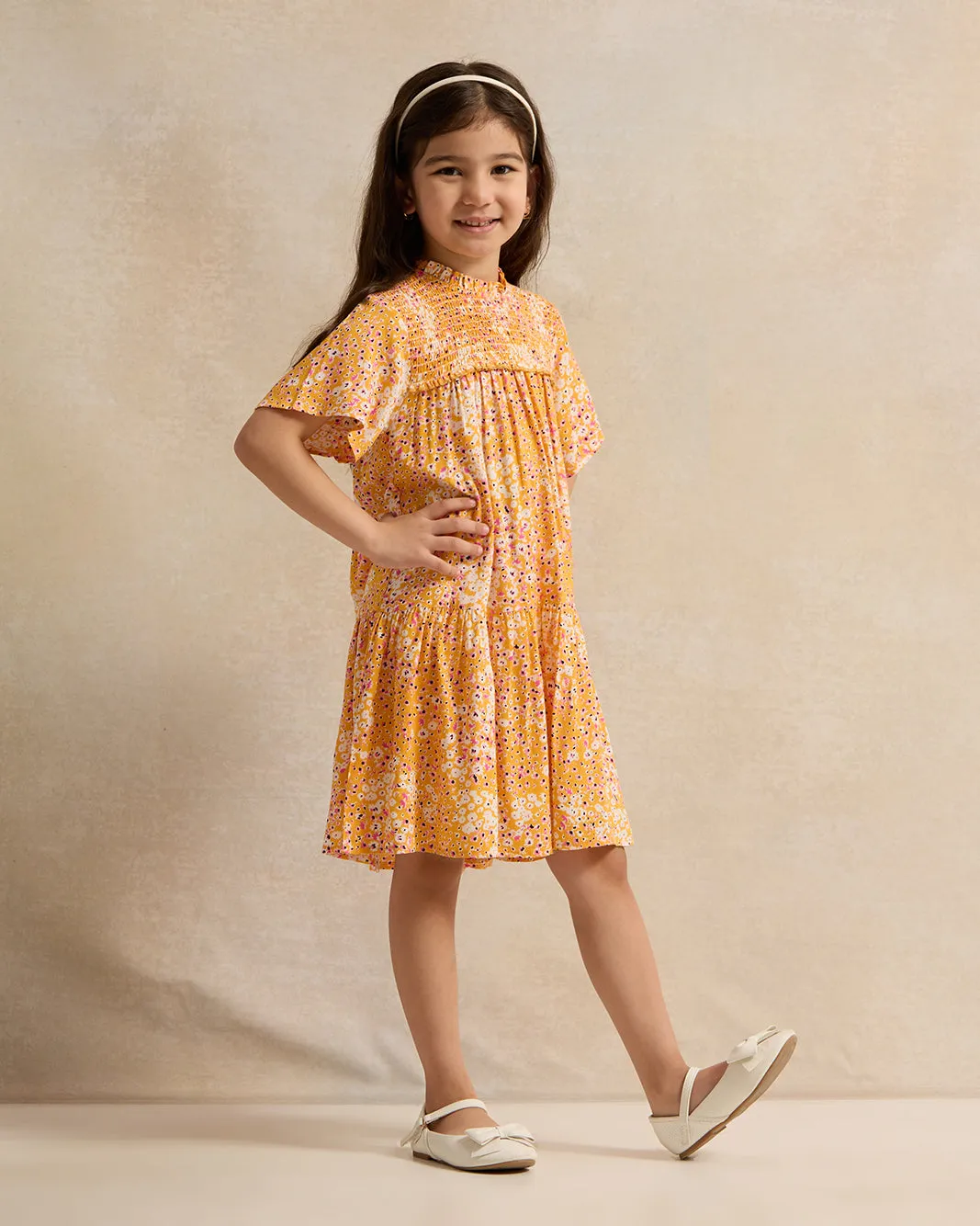 Girls Yellow Printed Dress sold by Redtag