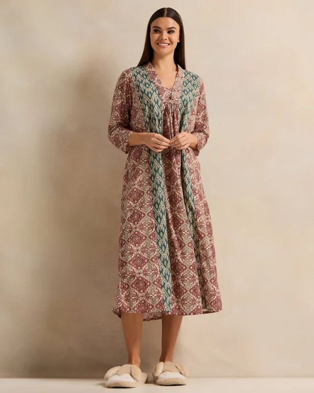 Women Multicolour Border Combo Nightgown sold by Redtag