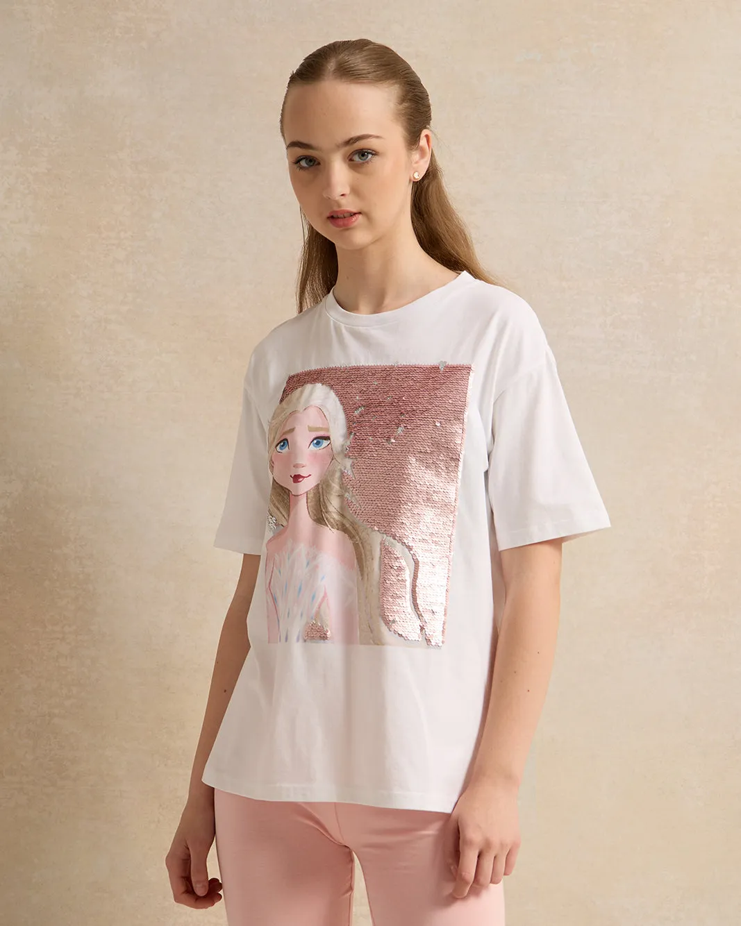 Senior Girls White Elsa Print T-Shirt sold by Redtag