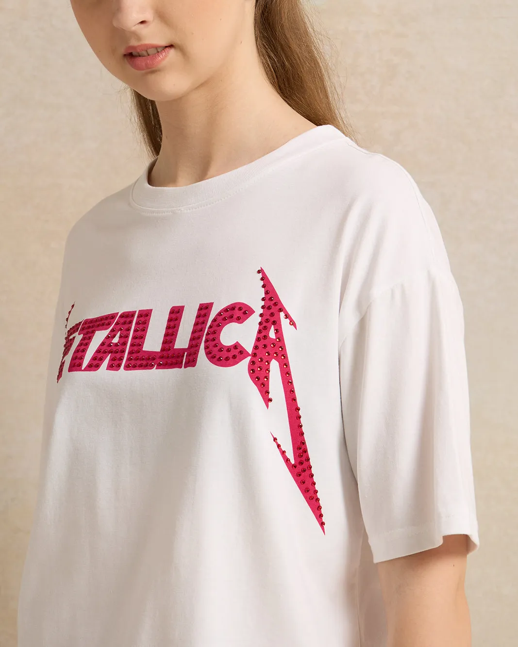 Senior Girls White Metallica Print T-Shirt sold by Redtag product image thumbnail 4