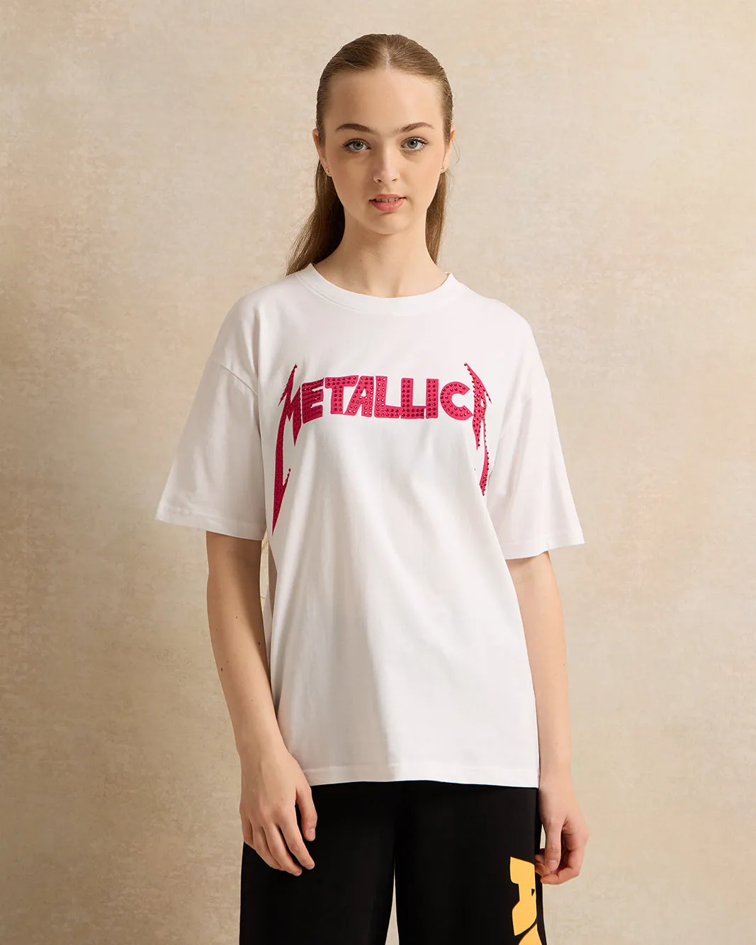 Senior Girls White Metallica Print T-Shirt sold by Redtag