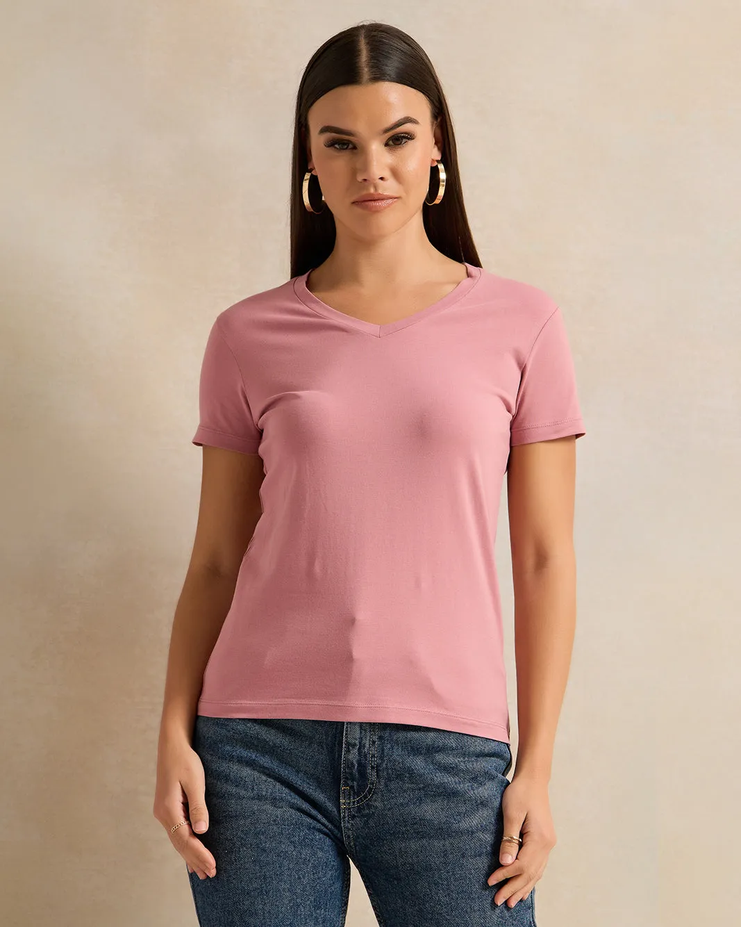Women Pink Short Sleeve V Neck T-Shirt sold by Redtag
