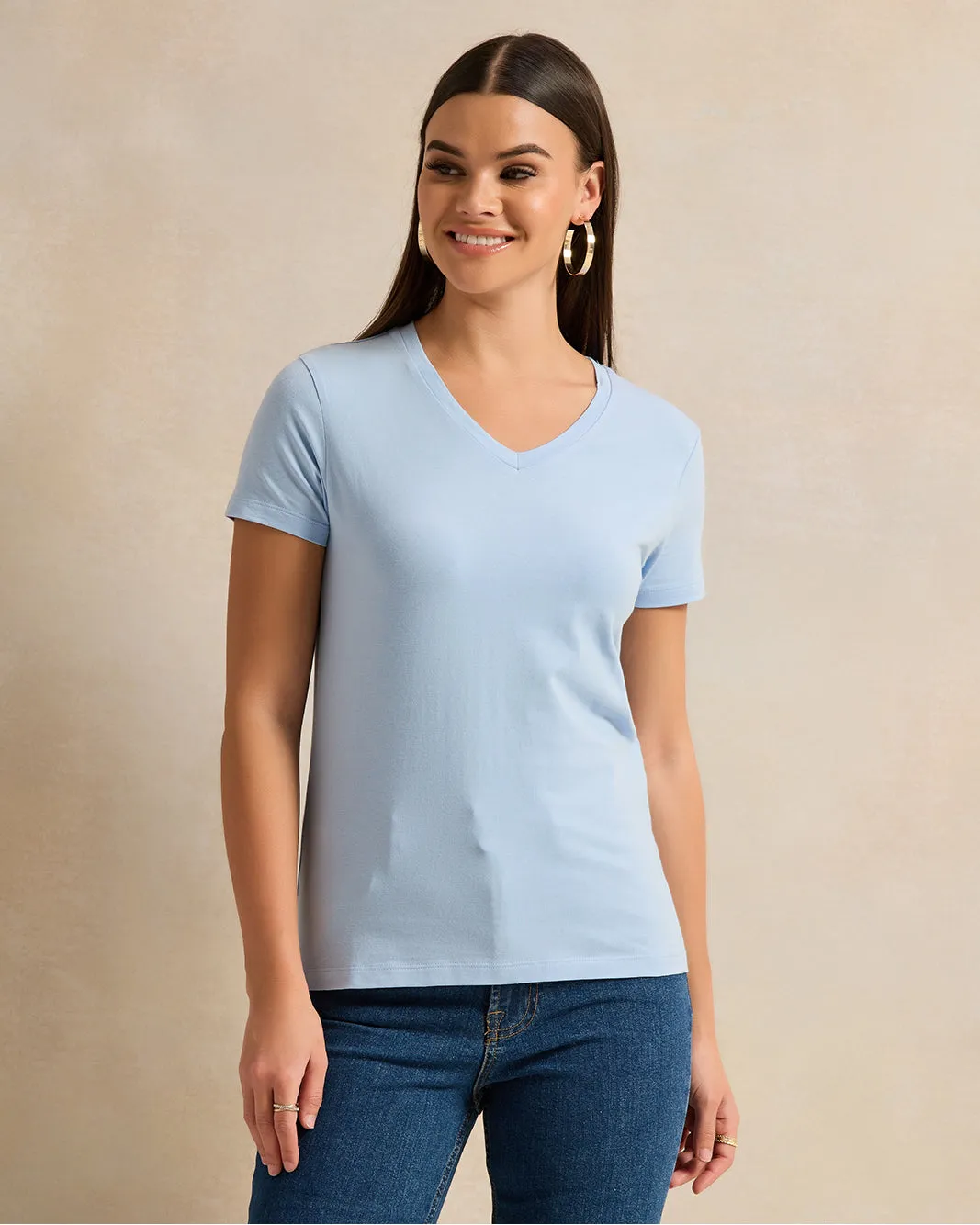 Women Blue Short Sleeve V Neck T-Shirt sold by Redtag