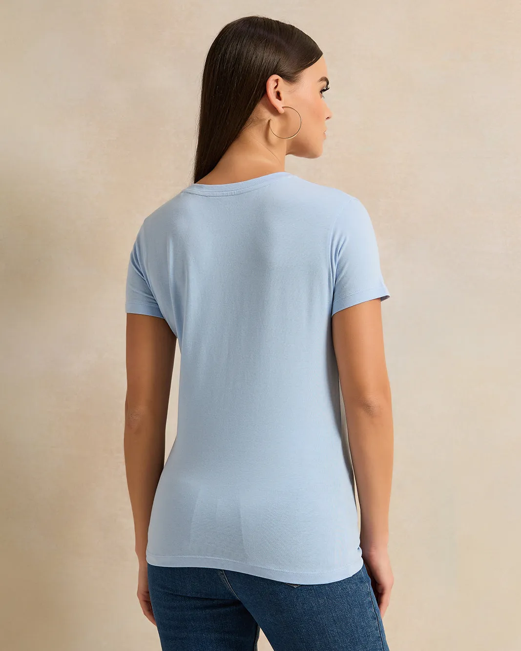 Women Blue Short Sleeve V Neck T-Shirt sold by Redtag product image thumbnail 3