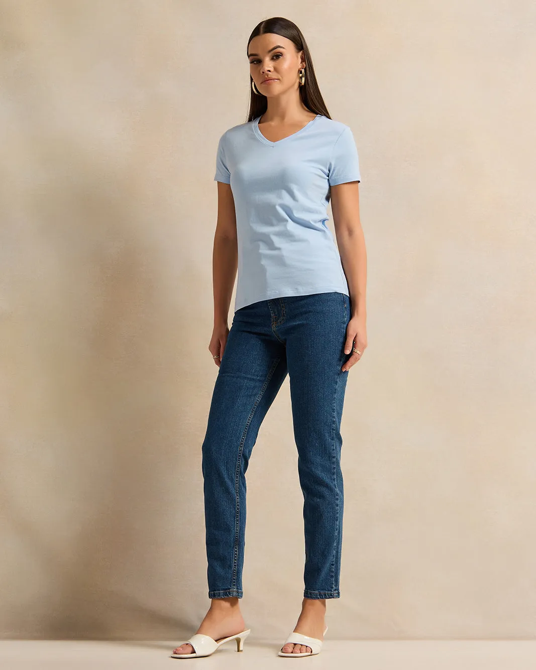 Women Blue Short Sleeve V Neck T-Shirt sold by Redtag product image thumbnail 2