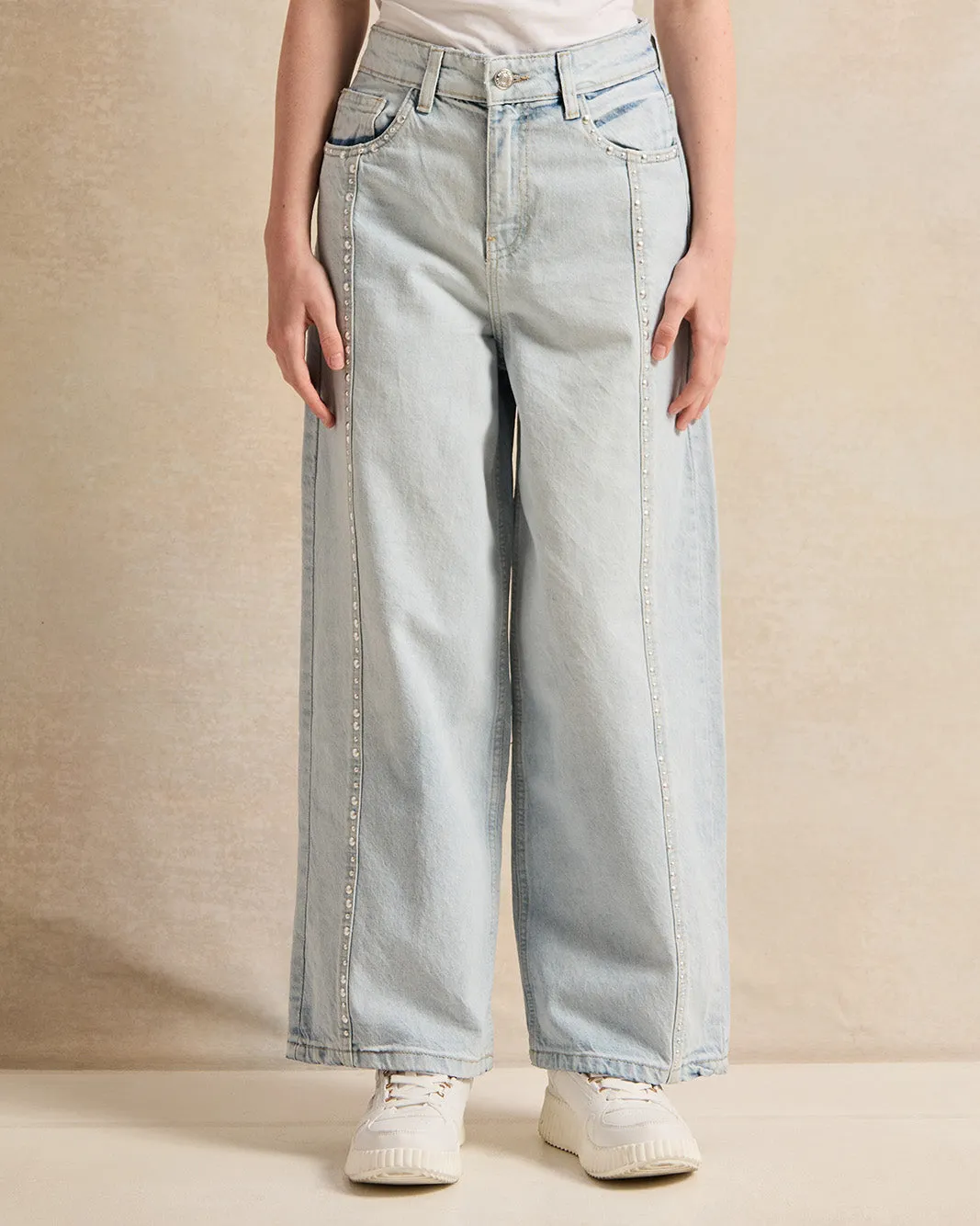 Senior Girls Blue Wide Leg Jeans With Front Rhinestones sold by Redtag