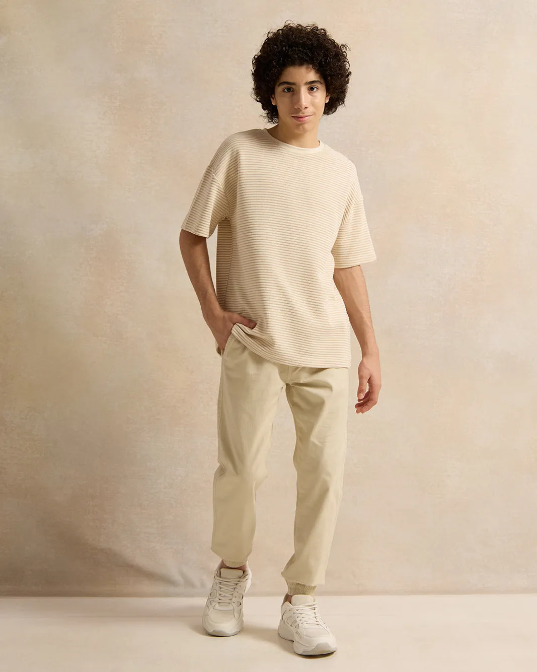 Senior Boys Beige Ottoman Jacquard Oversize T-Shirt sold by Redtag product image thumbnail 2