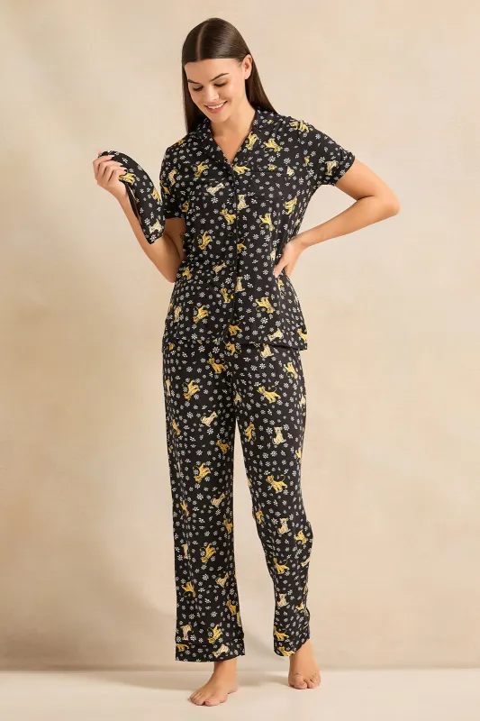 Women Black Printed Pyjama Set With Eye Mask (3 Piece) sold by Redtag