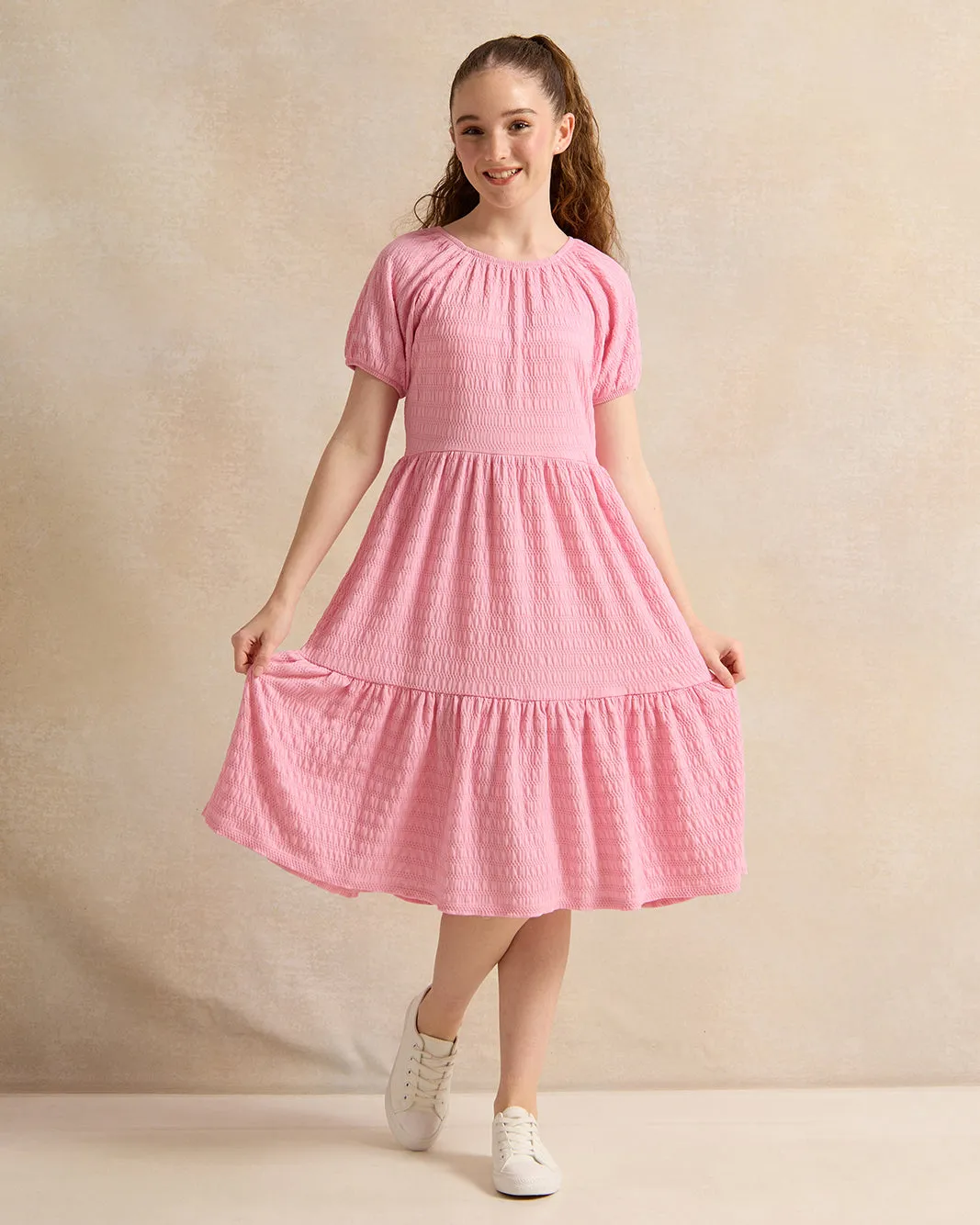 Senior Girls Pink Jacquard Dress sold by Redtag