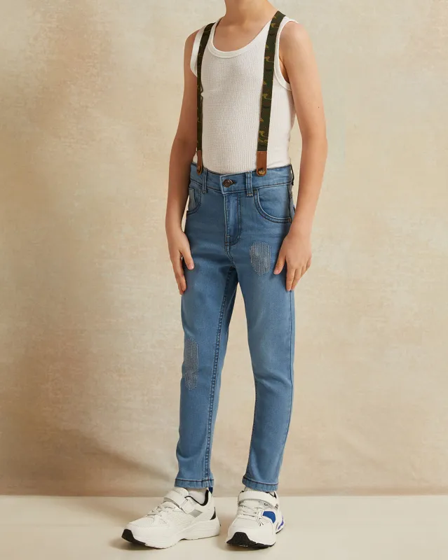 Boys Blue Embellished Jeans With Suspender sold by Redtag
