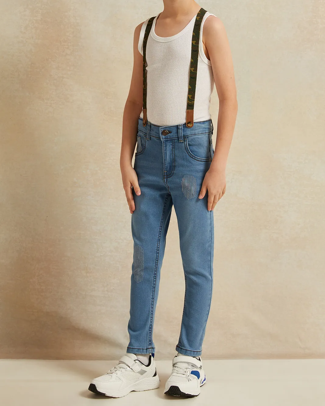 Boys Blue Embellished Jeans With Suspender sold by Redtag