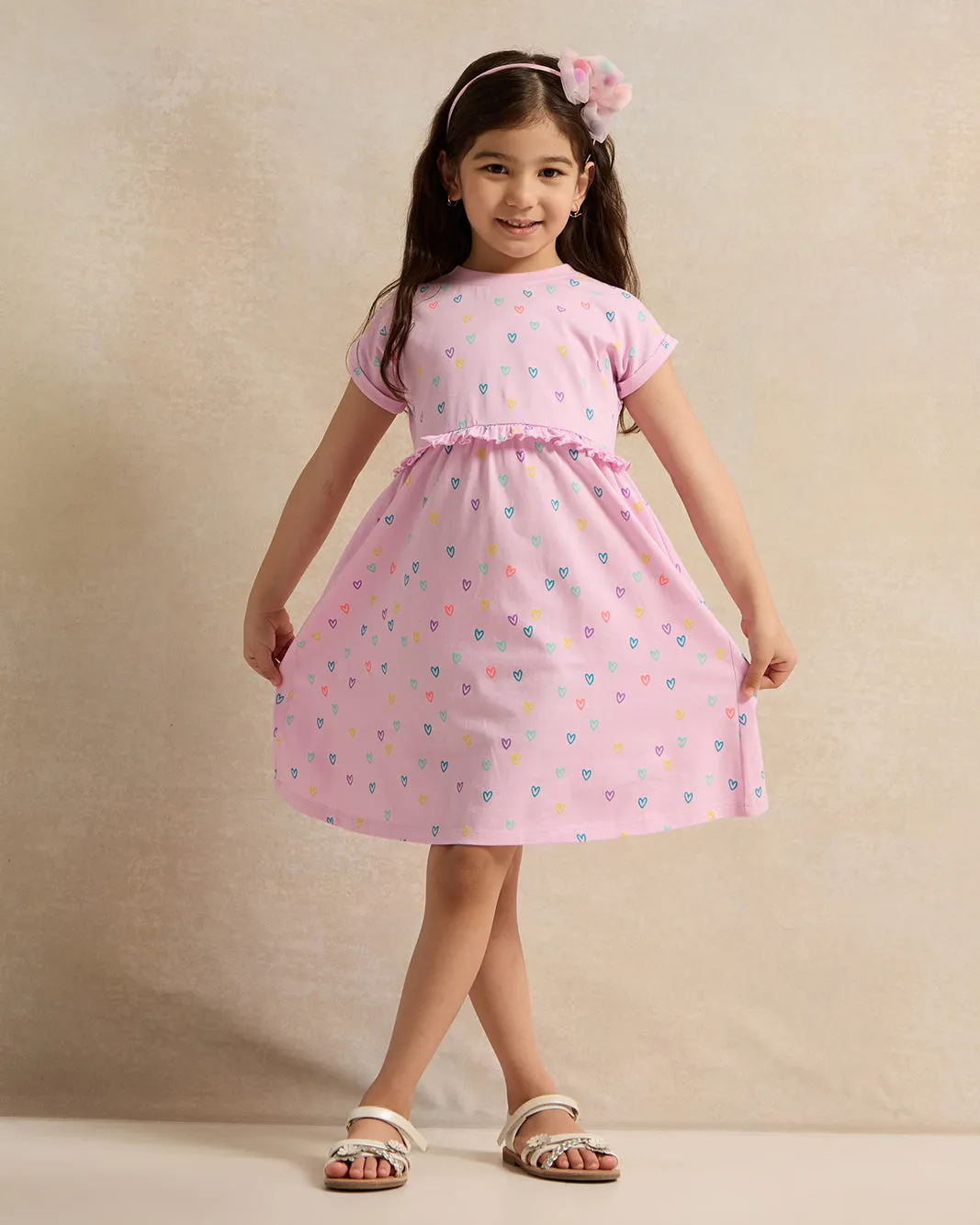 Girls Lilac Allover Print Frills Jersey Dress sold by Redtag