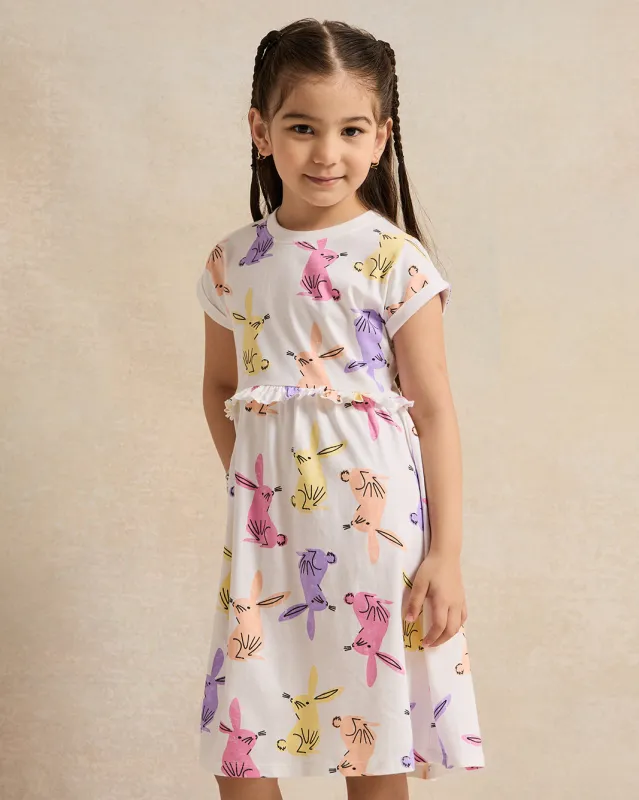 Girls White Allover Print Frills Jersey Dress sold by Redtag