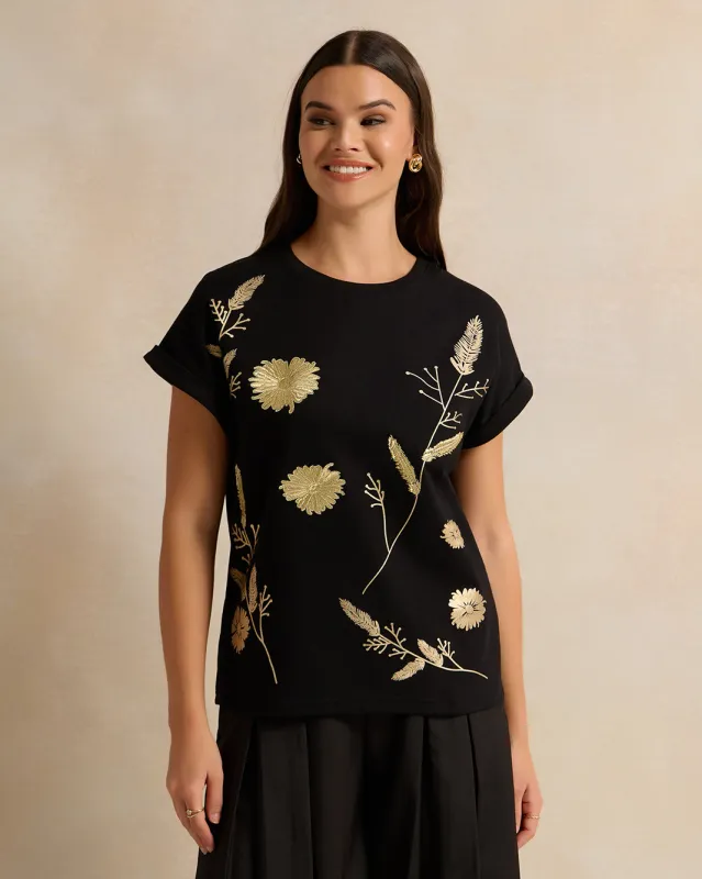 Women Black Embellished T-Shirt sold by Redtag