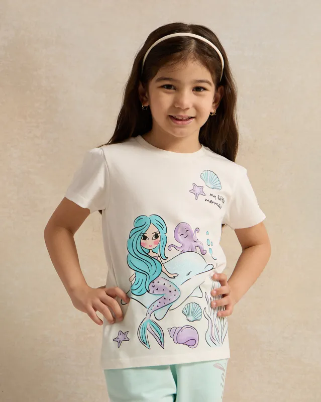 Girls Ivory Mermaid Placement Print T-Shirt sold by Redtag