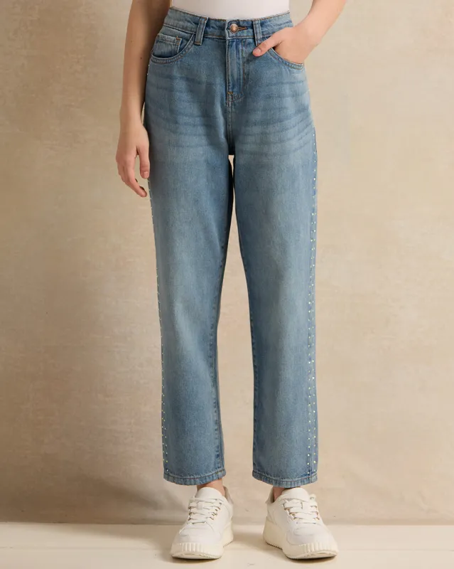 Senior Girls Blue Mom Fit Jeans sold by Redtag