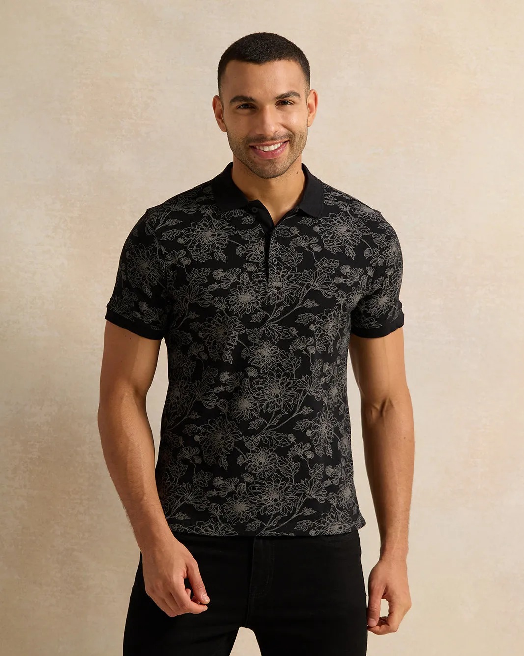 Men Black Printed Polo Shirt sold by Redtag