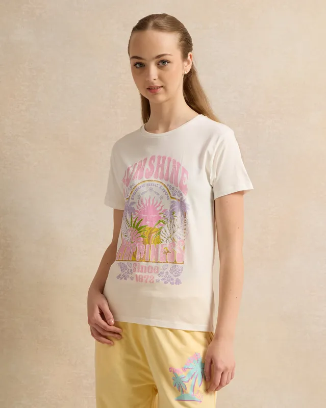Senior Girls White Printed T-Shirt sold by Redtag