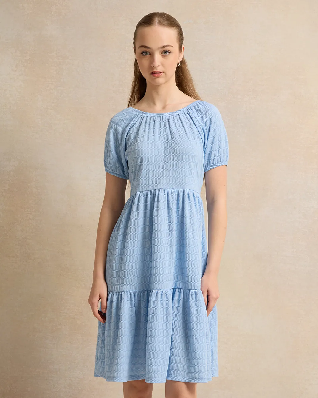 Senior Girls Blue Tiered Jacquard Dress sold by Redtag