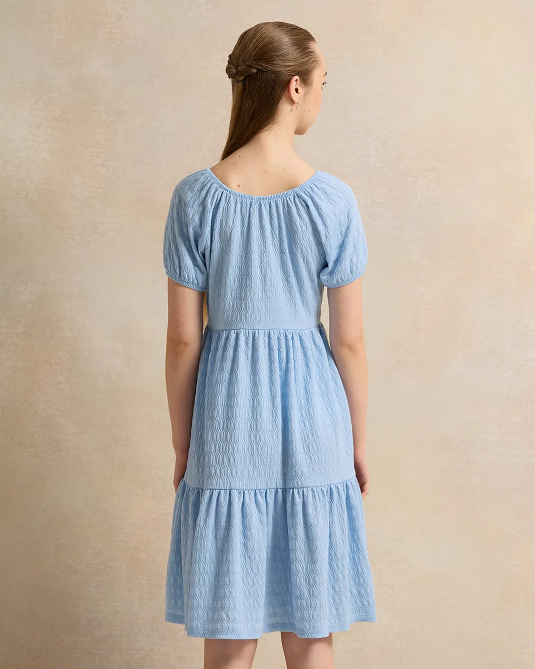 Senior Girls Blue Tiered Jacquard Dress sold by Redtag product image thumbnail 3