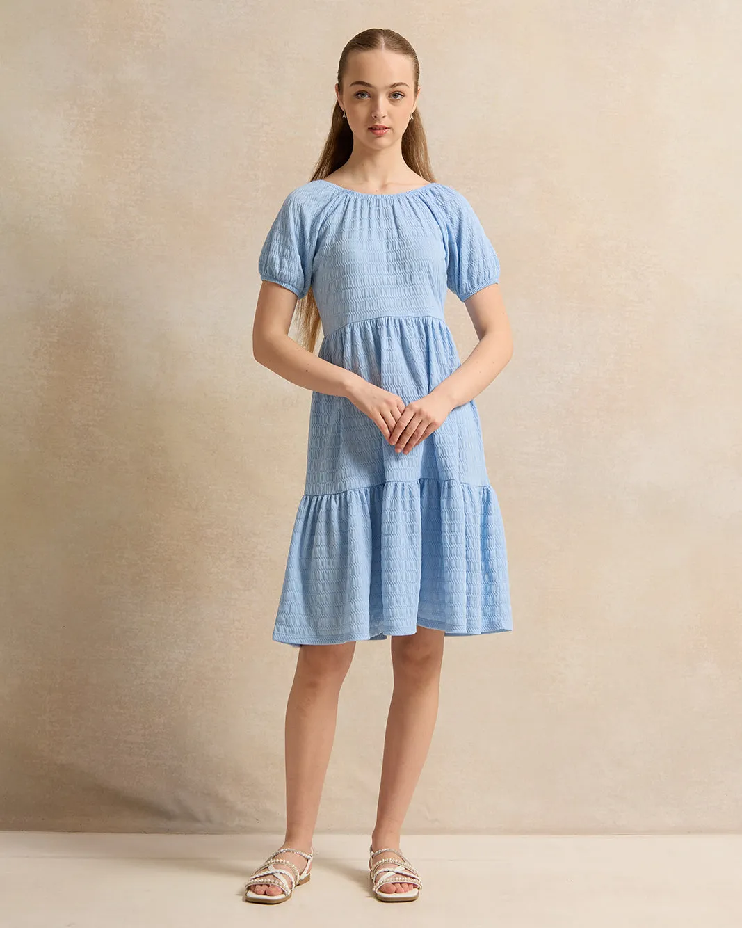 Senior Girls Blue Tiered Jacquard Dress sold by Redtag product image thumbnail 2
