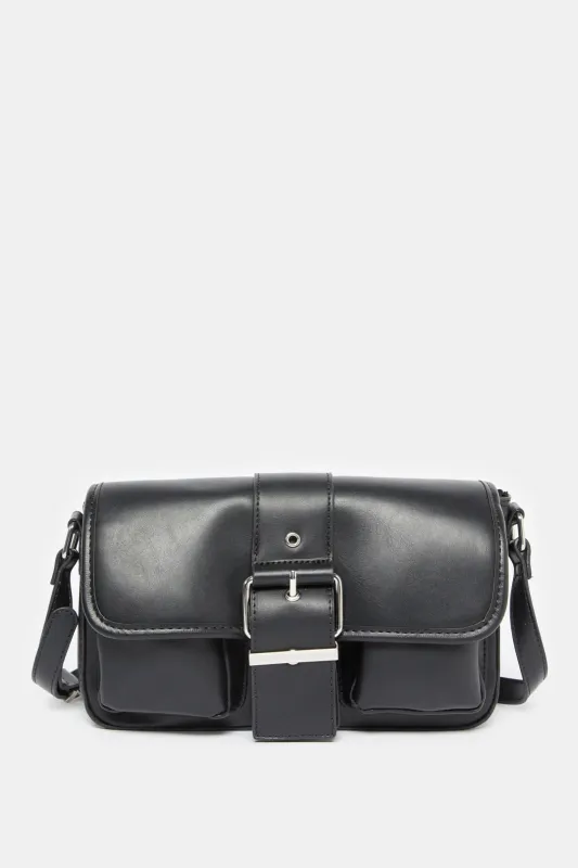 Women Black Flap Messenger Bag sold by Redtag
