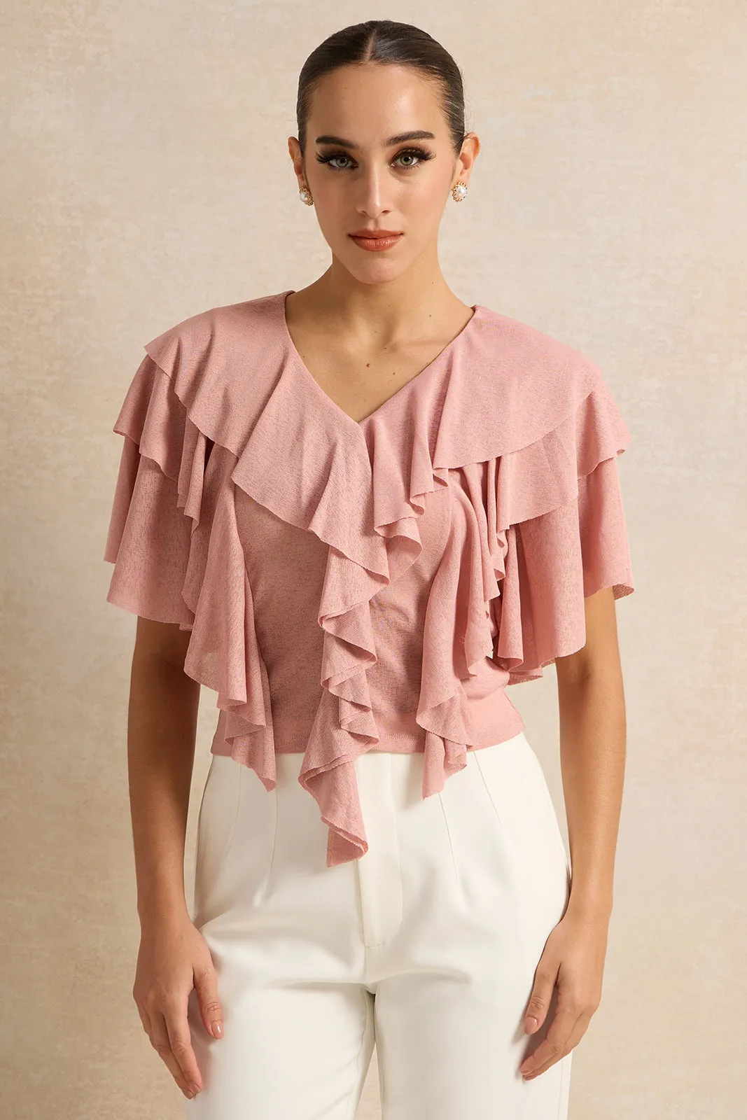 Women Pink Ruffle V Neck Jersey Top sold by Redtag