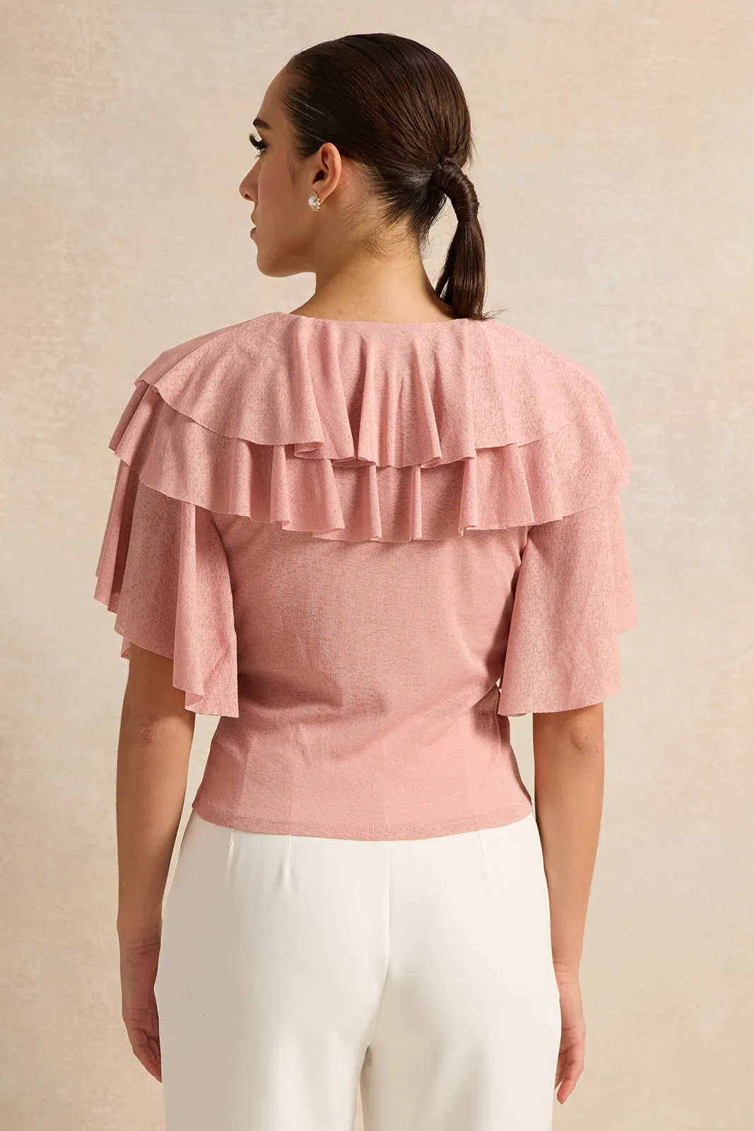 Women Pink Ruffle V Neck Jersey Top sold by Redtag product image thumbnail 3