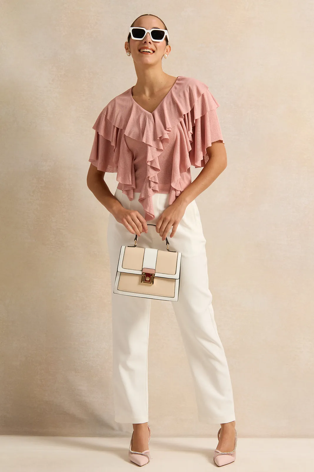 Women Pink Ruffle V Neck Jersey Top sold by Redtag product image thumbnail 2