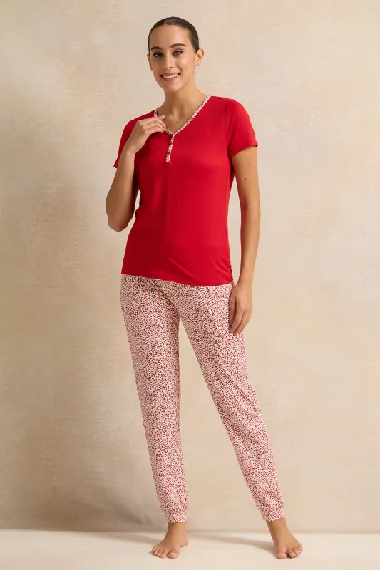 Women Red Printed Pyjama Set (2 Piece) sold by Redtag
