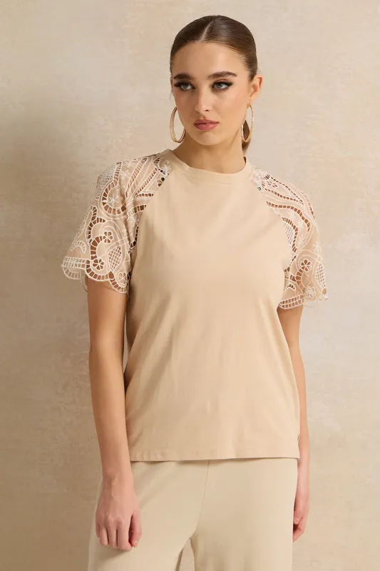 Women Beige Embroidered T-Shirt sold by Redtag