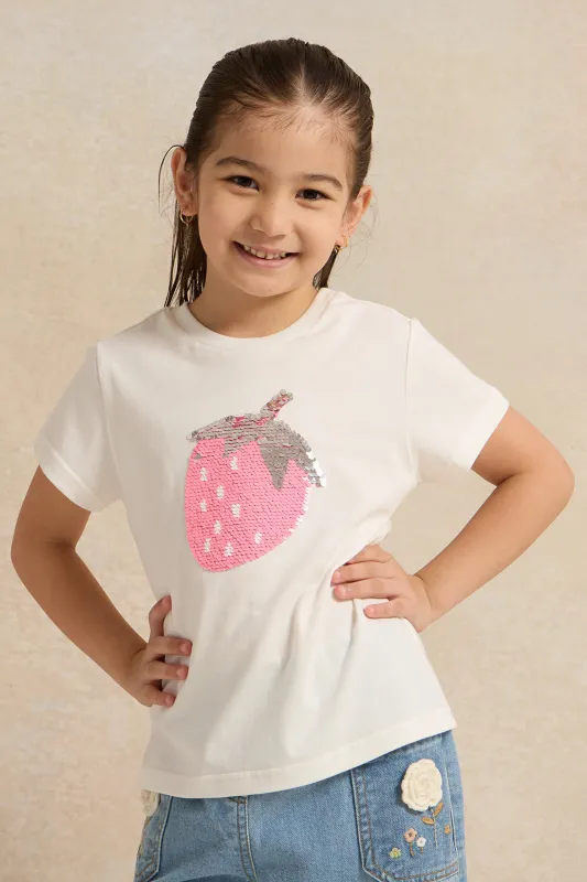 Girls White Strawberry Embellished T-Shirt sold by Redtag
