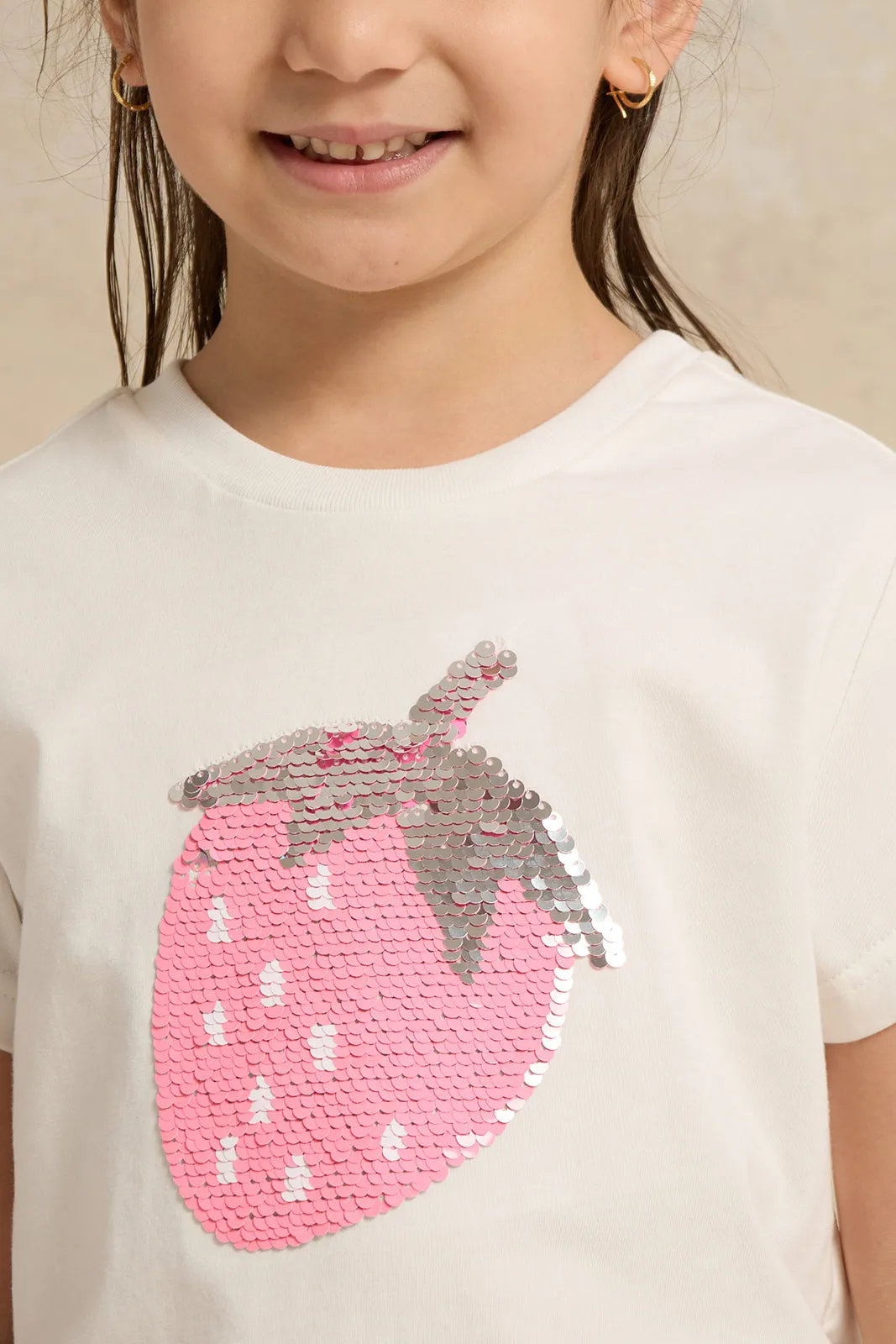 Girls White Strawberry Embellished T-Shirt sold by Redtag product image thumbnail 4