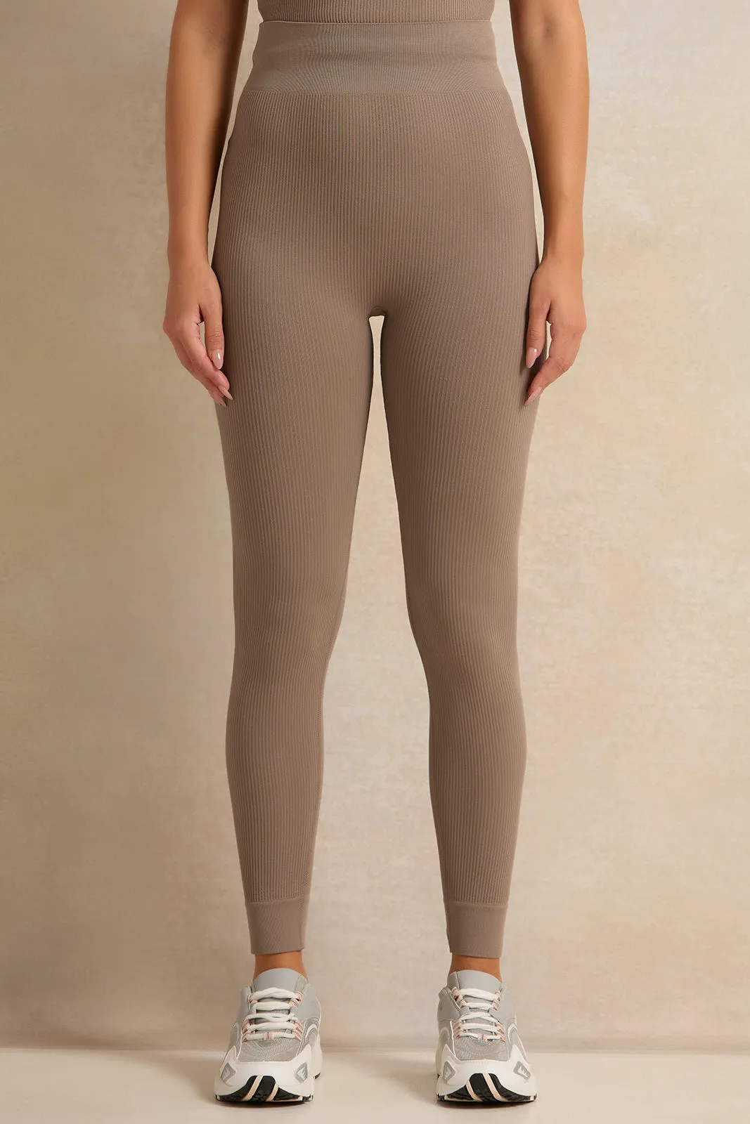 Women Brown Ribbed Active Leggings sold by Redtag