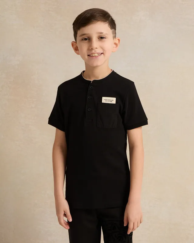 Boys Black Mandarin Collar Polo Shirt sold by Redtag