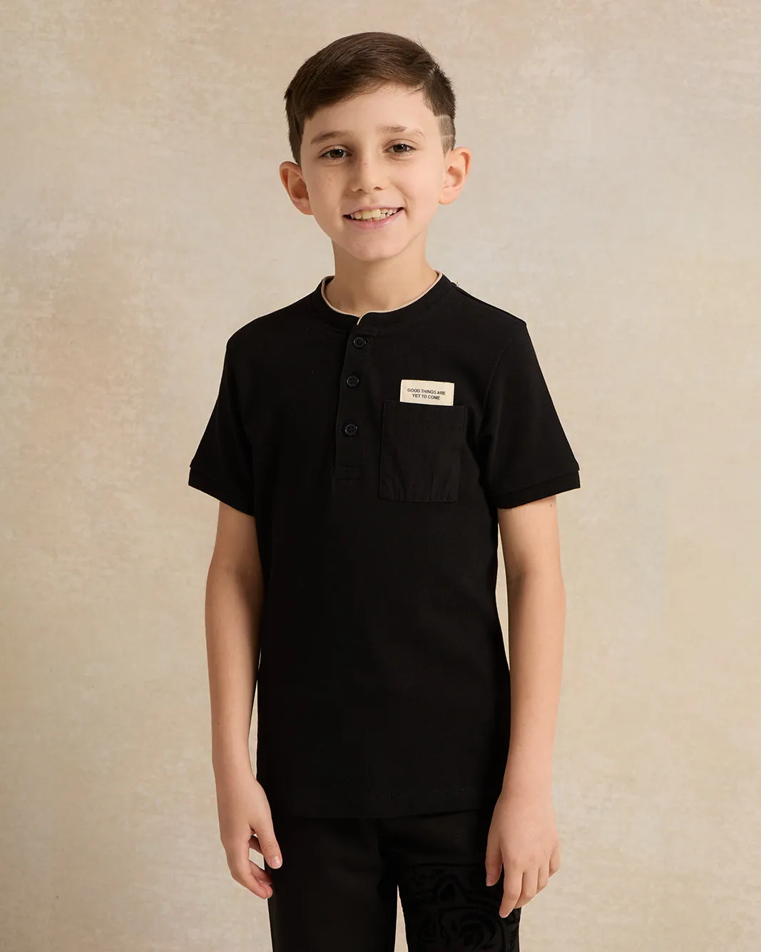 Boys Black Mandarin Collar Polo Shirt sold by Redtag