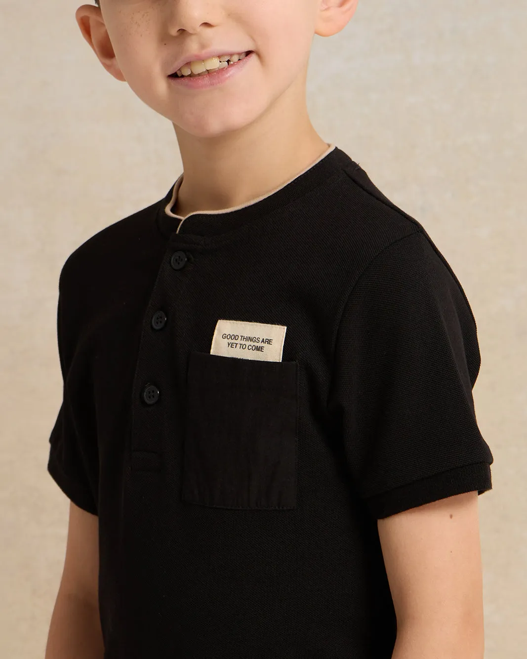 Boys Black Mandarin Collar Polo Shirt sold by Redtag product image thumbnail 4