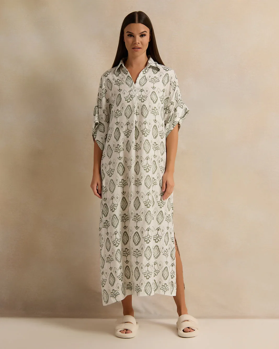 Women White Floral Print Collared Nightgown sold by Redtag