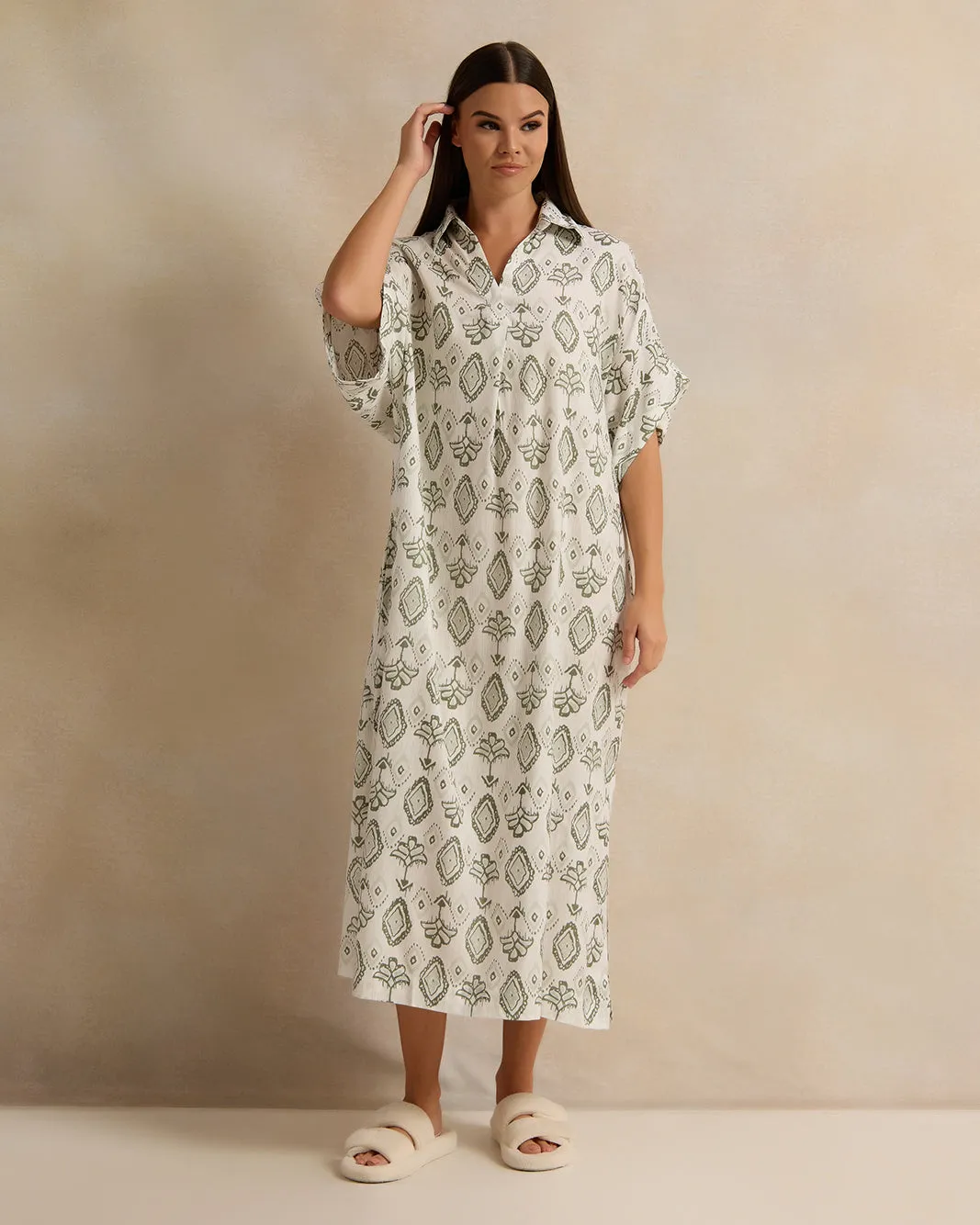 Women White Floral Print Collared Nightgown sold by Redtag product image thumbnail 4