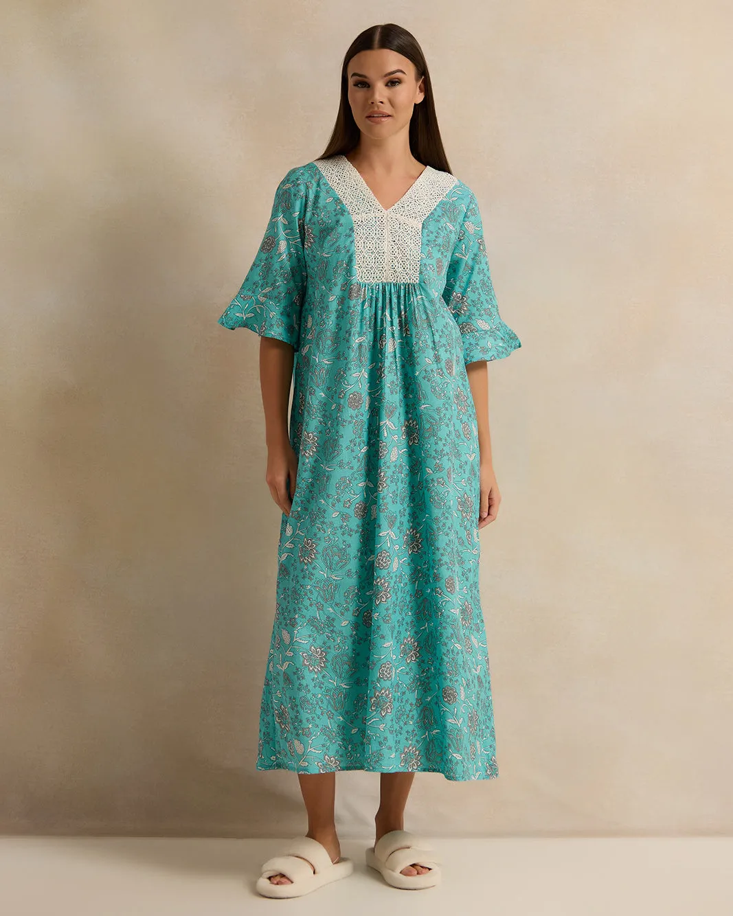 Women Blue Short Sleeve Printed Lace Nightgown sold by Redtag