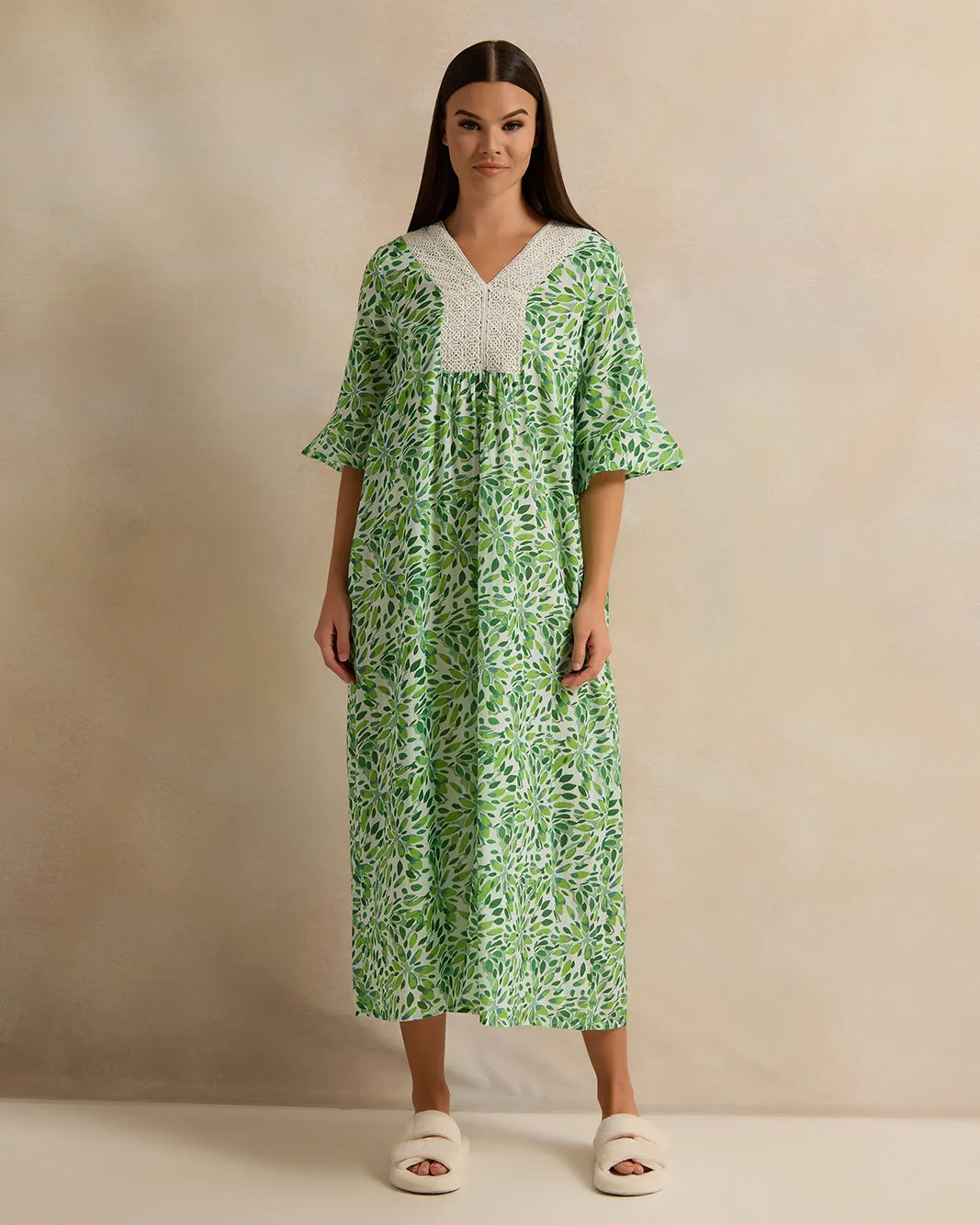 Women Green Short Sleeve Printed Lace Nightgown sold by Redtag
