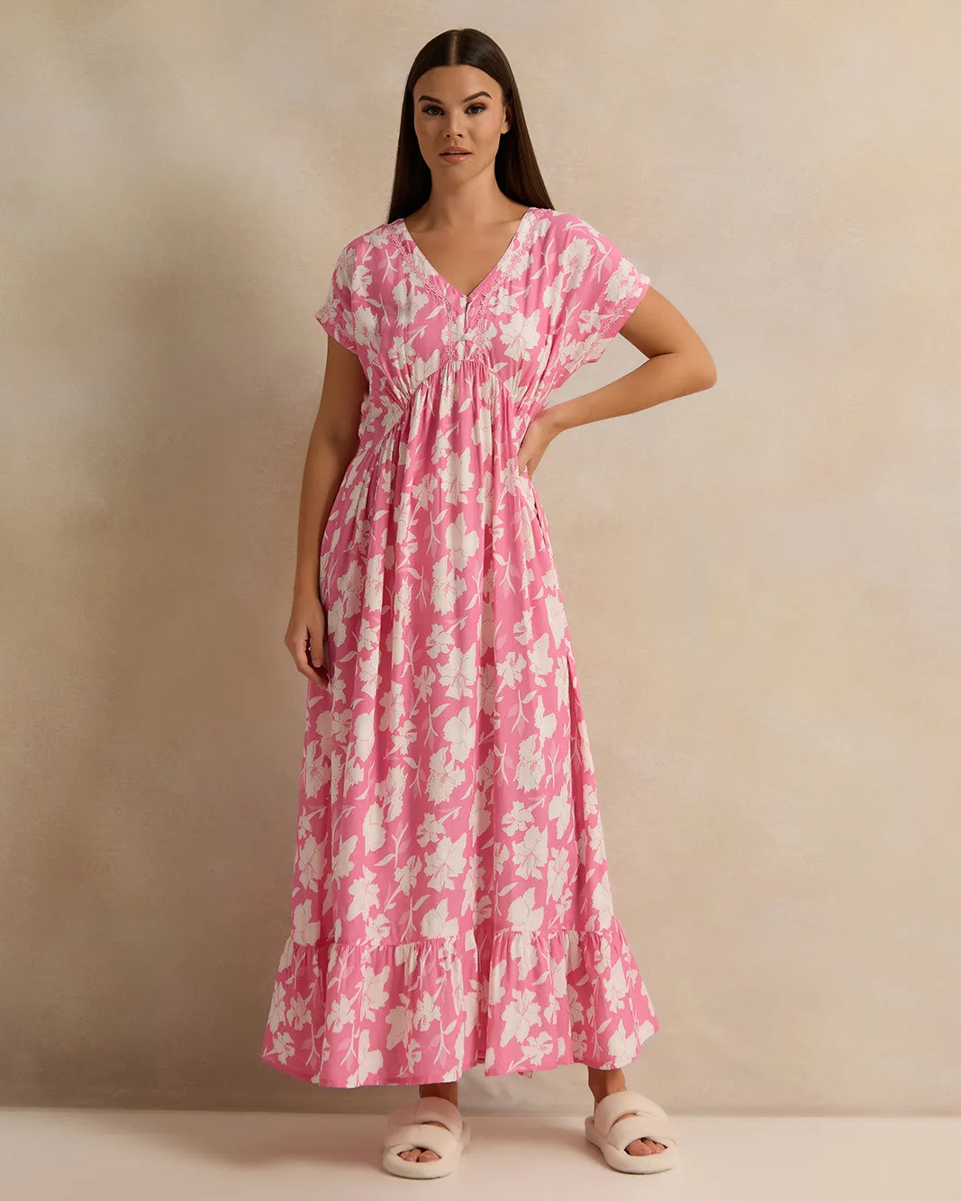Women Pink And White Cap Sleeves Nightgown sold by Redtag
