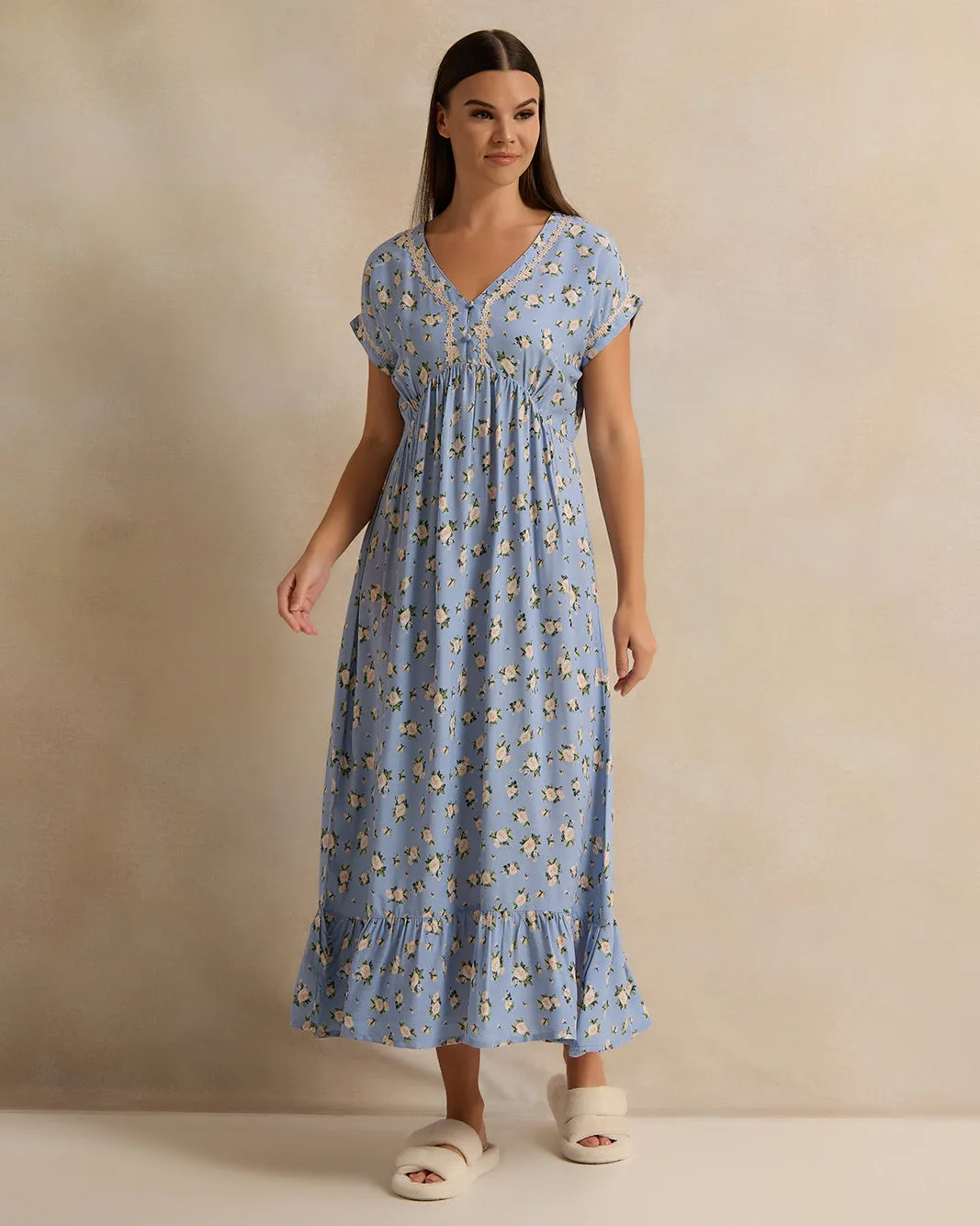 Women Blue Printed Cap Sleeves Nightgown sold by Redtag product image thumbnail 4